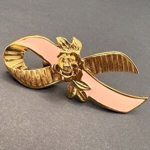 Avon Breast Cancer Awareness Ribbon Pin Brooch Pink Enamel Rose Gold Tone 2"